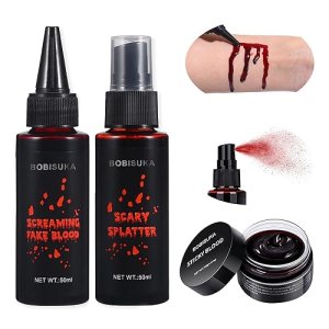 BOBISUKA Halloween Fake Blood Makeup Kit - Realistic Washable Special Effects SFX Makeup Coagulated Blood + Dripping Blood + Spray