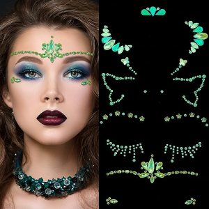 NICENEEDED Mermaid Face Jewels, Glow in Dark Gems Stickers, Fluorescent Tattoo Self Adhesive Noctilucent Eye Temporary Tattoos