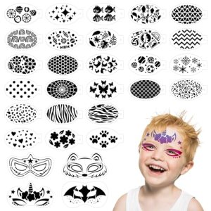 SRIZIAN 30 Pcs Face Painting Stencils, Reusable Templates for Kids Party Holiday Halloween Makeup