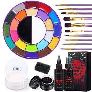 BOBISUKA Halloween Makeup Kit 24 Colors Face Body Paint Oil Palette + Translucent Setting Powder + 10Pcs Artist Painting Brushes + SFX Fake Blood All in One Make Up Set