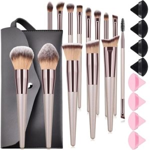 Professional 14-Piece Makeup Brush Set in Champagne Gold with Makeup Bag and Powder Puff