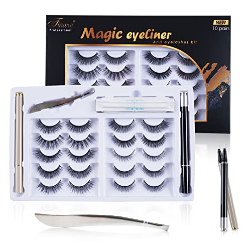 Tinure Updated 6D Magic Eyelashes with Eyeliner Kit (10 Pairs with 2 Eyeliners)