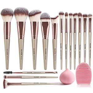 Makeup Brushes, 15 Pcs Professional Set with Makeup Sponges and Brush Cleaner, Champagne