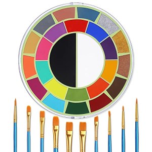 BOBISUKA 25 Colors Water Activated Painting Makeup Palette + 10 Blue Artist Paint Brushes