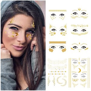 Face Metallic Temporary Tattoo Sticker, Gold Shiny Freckle Decoration for Makeup