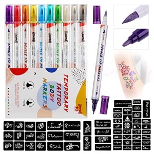 Hawink 10-Color Temporary Tattoo Markers + 56 Stencils, Bold & Fine Lines, Cosmetic-Grade Ink