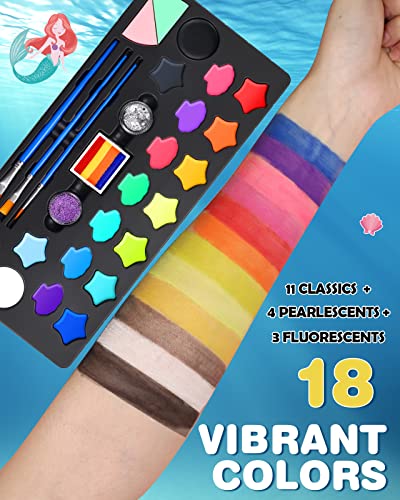 Creamify 18 Colors Face Paint Kit Professional Non-Toxic Sensitive Skin Halloween Makeup Mermaid Glitters Rainbow Split Cake 67 Stencils - Image 2