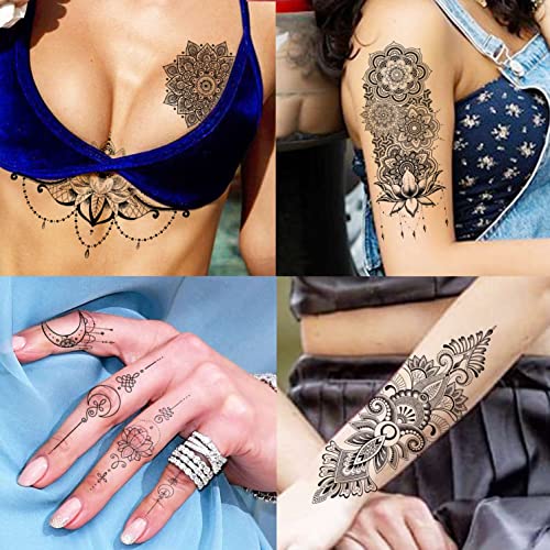 Unique Black Henna Temporary Tattoo Stickers For Adults Women Girls Feather Mandala Flower - Image 4