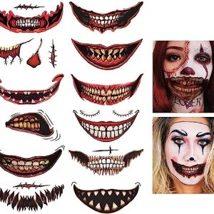 Halloween Clown Horror Mouth Tattoo Stickers 12PCS Removable Realistic