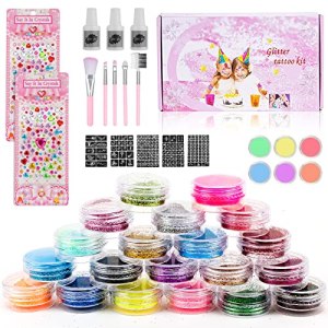 AOPULE Glitter Tattoos Kit for Kids, 30 Colors, 6 Fluorescent, 187 Stencils