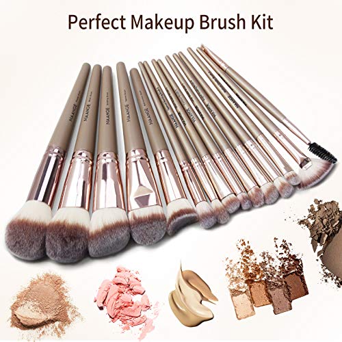 Makeup Brushes, 15 Pcs Professional Set with Makeup Sponges and Brush Cleaner, Champagne - Image 2