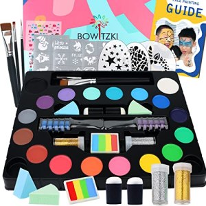 Bowitzki Kids Face Paint Kit - 18 Colors, Split Cake, Hair Chalks, Brushes, Sponges, Glitters, Gems, Reusable Stencils