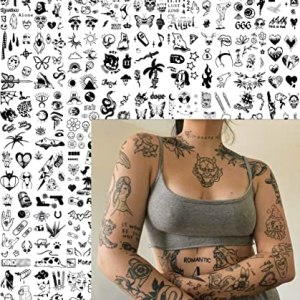 Impressed 48 Sheets Custom Unisex Vintage Patchwork Temporary Tattoos - Small Semi Permanent Minimalist Line Art Black Fake Tattoo for Women and Men - Tiny Adult Hand, Sleeve, Finger and Neck Tat for Teens - Gothic Aesthetics Design Ink Set, Skull, Skeleton, Moon and Sun, Devil, Butterfly, Snake Impressed.co Medium