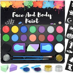 Face Paint Kit for Kids, Large Water Based Paints, 24 Stencils, 2 Glitters, Face Paint Palette, Sensitive Skin