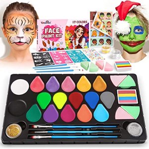 Face Paint Kit for Kids - 17 Colors Face Painting Set Includes Stickers, Brushes, Sponges, Professional Face Body Painting Kits Sanlebi