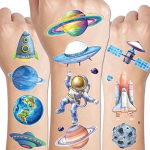 CHARLENT Glitter Galaxy Temporary Tattoos for Kids - 12 Sheets Glitter Outer Space Tattoos for Boys Girls Party Favors