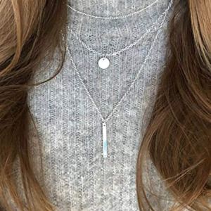 DoubleNine Multilayer Necklace with Silver Bar Pendant for Women