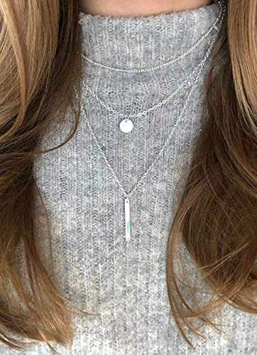 DoubleNine Multilayer Necklace with Silver Bar Pendant for Women