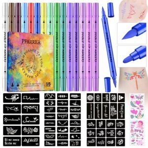 PFARRER Temporary Tattoo Markers for Skin, 15 Body Markers + 64 Large Tattoo Stencils & 2 sheets Glow Stickers for Kids and Adults