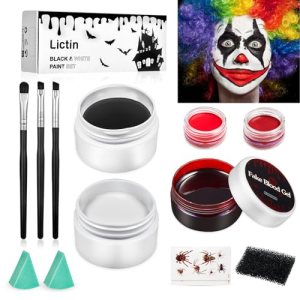 Lictin Halloween Clown Makeup Kit - White Black Red Face Body Paint + Fake Blood Gel