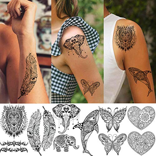 TASROI 32 Sheets Sexy Black Henna Temporary Tattoos For Women Girls Mehnid Lace Tatoo Sticker Neck, Mandala Flower Butterfly Lotus Rose Tattoo Temporary Dreamcatcher Elephant Henna Tattoo Kit Adults - Image 2
