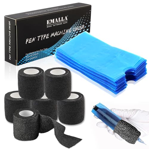 Tattoo Pen Covers and Grip Tape - Romlon 200PCS, 6PCS Disposable Bandage Blue Pen Sleeves, Machine Cover Kit for Tattoo Supplies