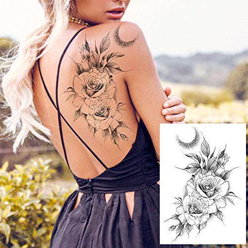 Large Black Rose Flower Temporary Tattoos For Women, Geometric Waterproof Fake Tattoo Sticker Sets - Image 4
