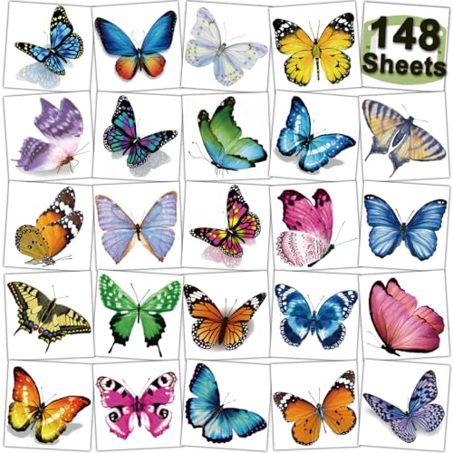 CHARLENT 148 Individually Sheets Butterfly Temporary Tattoos for Girls Women - 3D Realistic Butterfly Tattoos