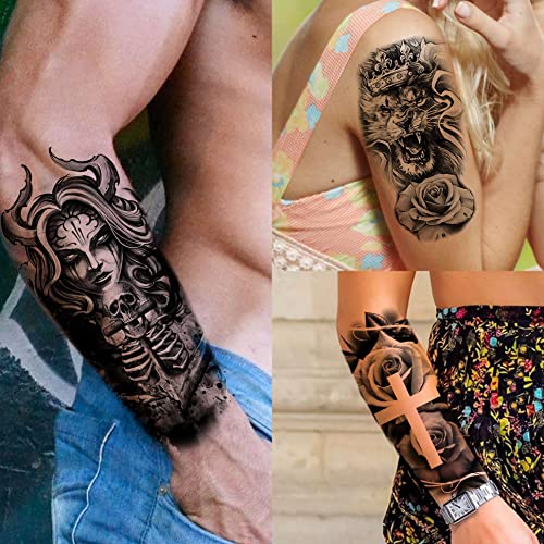 Yezunir 63 Sheets Black Wolf Tiger Lion Temporary Tattoos For Women Men Kids Arm Sleeve, Halloween Scary Skull Skeleton Fake Tattoo Stickers Adults - Image 2