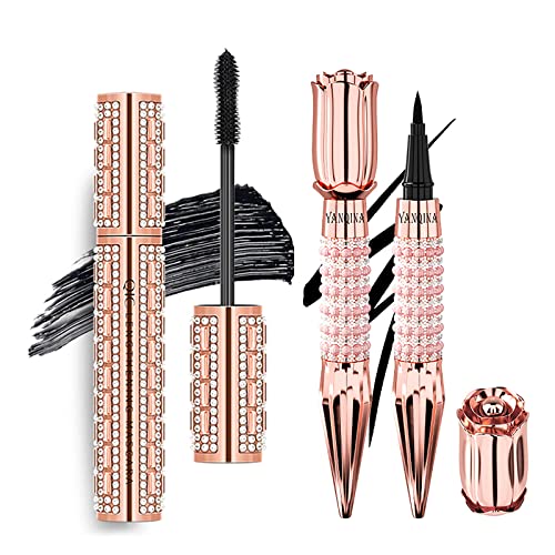 Joyeee 4D Silk Fiber Mascara & Liquid Eyeliner Set, Waterproof, Long-Lasting, Smudge-Proof, Black, Easy to Use