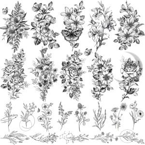 CHARLENT 23 Sheets Black Flower Temporary Tattoos For Women Girls - Waterproof Realistic Sexy Rose Orchid Tiny Branch Sketch