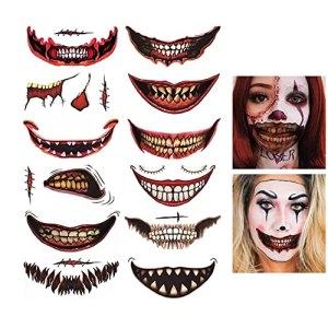 Halloween Temporary Face Tattoos, 12PCS Clown Horror Mouth Tattoo Stickers, Realistic & Waterproof