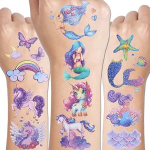 CHARLENT Glitter Unicorn Mermaid Tattoos for Girls - 12 Sheets