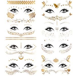 Konsait 8 Sheets Face Tattoo Sticker Metallic Temporary Transfer Tattoo Waterproof Face Jewels for Women Girls Make Up Dancer Costume Parties, Shimmer Glitter Gold Tattoos