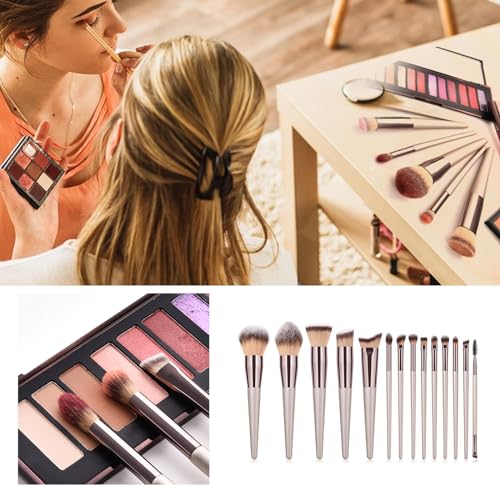 Professional 14-Piece Makeup Brush Set in Champagne Gold with Makeup Bag and Powder Puff - Image 4