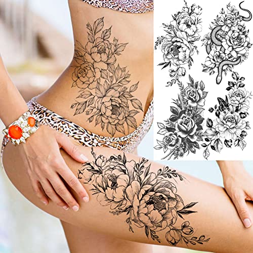 Rejaski 34 Sheets Large Rose Peony Temporary Tattoos Women Thigh Half Arm Sleeve 3D Black Butterfly Floral - Image 2