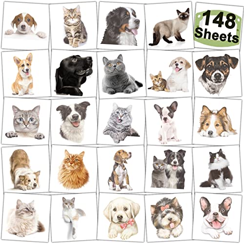 CHARLENT 148 PCS Dog Cat Temporary Tattoos for Kids - 3D Individual Puppy Kitten Tattoos for Boys Girls Animals Birthday Party Favors
