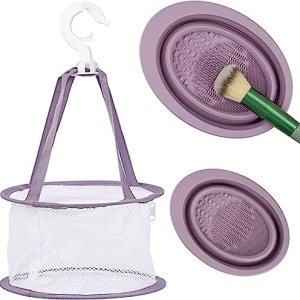 Makeup Brush Cleaning Bowl & Hanging Mesh Drying Basket Net Set
