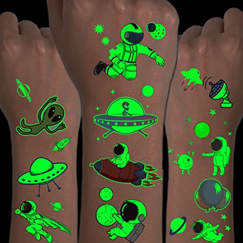 CHARLENT Luminous Space Tattoos for Kids - 14 Sheets Glow in The Dark Astronaut Spaceship Planet Temporary Tattoos for Boys Girls Birthday Party Favors