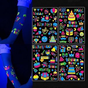 Glow in The Dark Temporary Tattoo 83 Styles UV Blacklight Neon Fluorescence Rave Cake Balloon Birthday Party Favors Supplies Face Body Fake Tattoo Stickers Makeup Waterproof for Women Men Adults Weipbwor