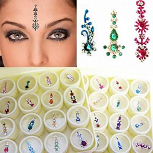 Bindi Box Long Multicolored Crystal Bindis Bridal Face Jewels Forehead Tika (20 Bindis)