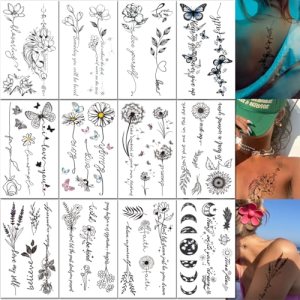 CHARLNET Flower Words Temporary Tattoos for Women Girls - Realistic Black Sexy Body Art Arm Back CHARLENT