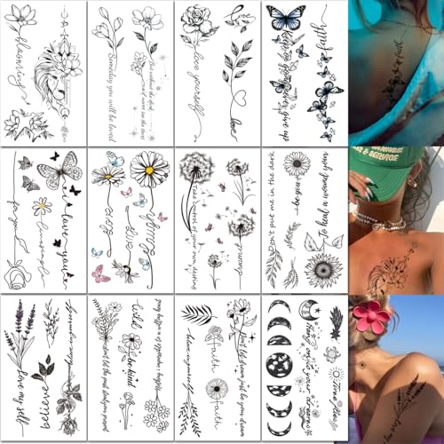 CHARLNET Flower Words Temporary Tattoos for Women Girls - Realistic Black Sexy Body Art Arm Back CHARLENT