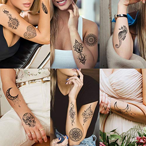 TASROI 32 Sheets Sexy Black Henna Temporary Tattoos For Women Girls Mehnid Lace Tatoo Sticker Neck, Mandala Flower Butterfly Lotus Rose Tattoo Temporary Dreamcatcher Elephant Henna Tattoo Kit Adults - Image 3