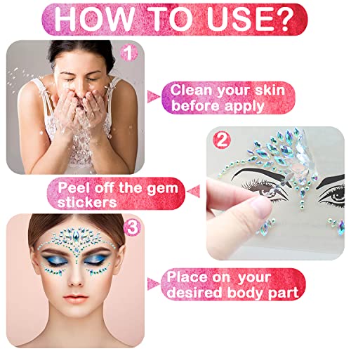 Cinvo Face Gems Glitter 3 Sets Temporary Tattoos Eyes Body Jewels Face Stickers Rhinestone for Festival Party - Design B - Image 2