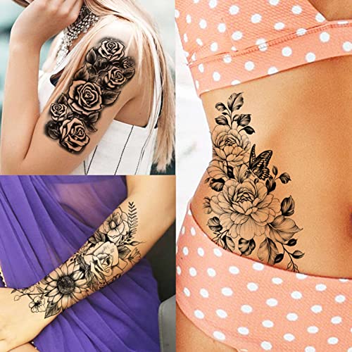 59 Sheets Sexy 3D Rose Flower Temporary Tattoos For Women Girls Arm Neck Snake Floral Sunflower Leaf Peony Adult Black Realistic - Image 2