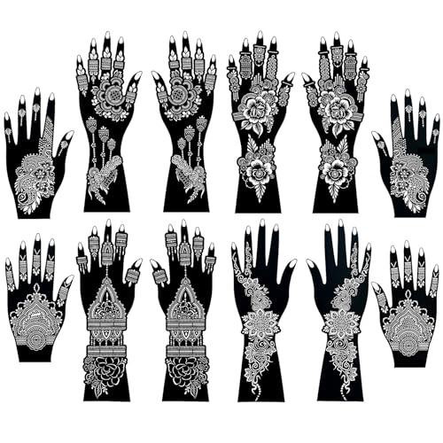 QSTOHENA Large Henna Tattoo Stencil Kit for Full Hands,Temporary Tattoo Templates for Girls Woman Body Art,Forearm Indian Arabian Glitter Airbrush Tattoo Stickers(12 Sheets)