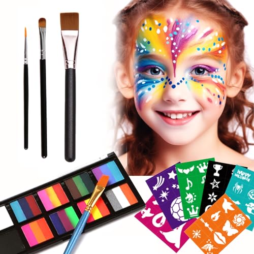 Rainbow Face Painting Kit For Kids Party with Stencils, Brushes, Safe and Non-Toxic Water Based
