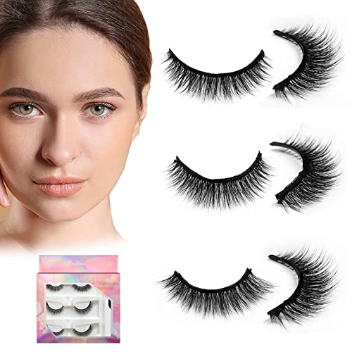 Reusable Self-adhesive Fake Eyelashes - Natural Look Fluffy Curly False Eyelashes without Glue - Faux-mink Wispy Cat Eye Fake Lashes Clusters - 3D Effect Fairy Long Curly Lashes (3 Pairs)