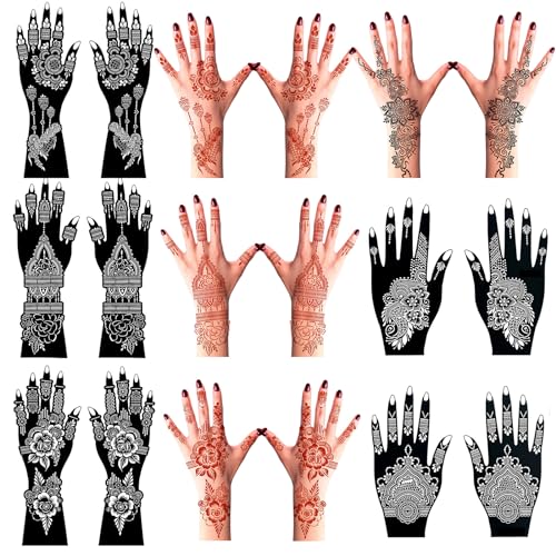 QSTOHENA Large Henna Tattoo Stencil Kit for Full Hands,Temporary Tattoo Templates for Girls Woman Body Art,Forearm Indian Arabian Glitter Airbrush Tattoo Stickers(12 Sheets) - Image 4